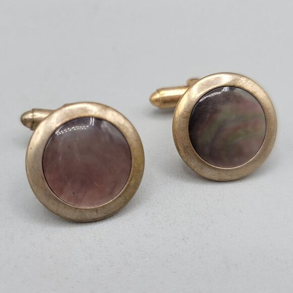 Vintage Pioneer Cufflinks Abalone Shell Inlay Gold Tone Round Design - Picture 2 of 5